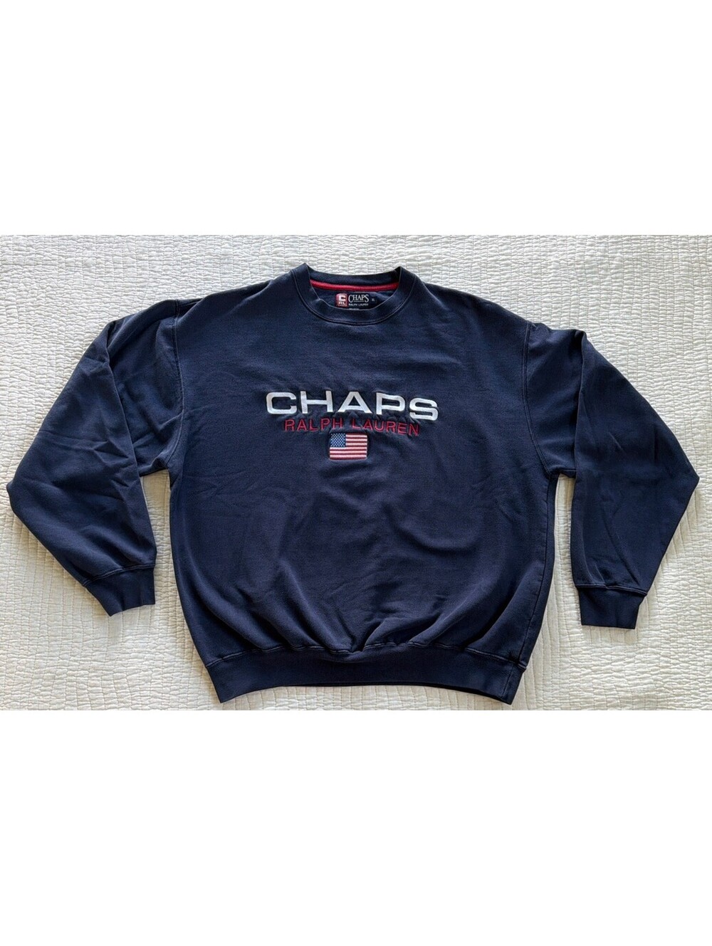 Chaps Ralph Lauren Sweatshirt Men’s XL Navy Blue Crewneck Vintage 90s USA Flag